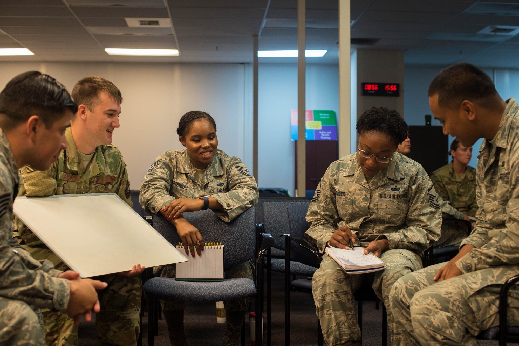 627th Logistics Readiness Squadron Airmen participate in a group activity during the 62nd Airlift Wing Manpower’s Practical Problem Solving Model course at Joint Base Lewis-McChord, Wash., Sept. 20, 2019. The group activities helped Airmen to view processes in a different way and challenge any issues they noticed. (U.S. Air Force photo by Senior Airman Tryphena Mayhugh)