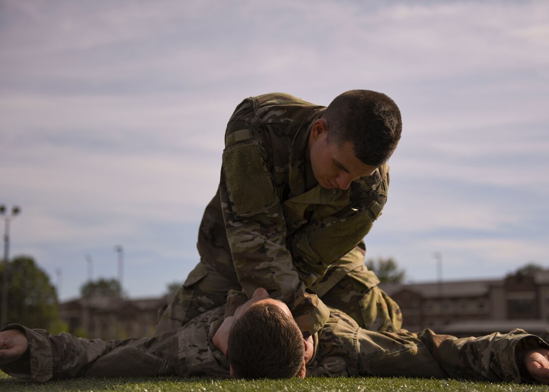 U.S. Army initial entry training Soldiers practice combat defense techniques during a field training exercise at Joint Base Langley-Eustis, Virginia, Sept. 20, 2019.