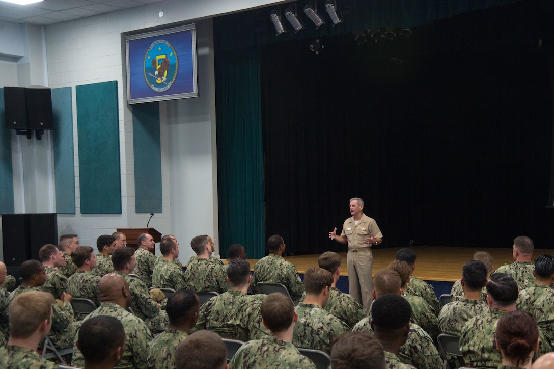 NAVAL SUPPORT ACTIVITY, Bahrain (September 19, 2019) Vice Adm. Richard Brown, commander, Naval Surface Forces (CNSF), addresses Sailors assigned to various commands in Bahrain, during an all-hands call. While in the region, Brown discussed efforts to build combat ready ships and battle-minded crews while preparing for the high-end fight. (U.S. Navy photo by Mass Communication Specialist 2nd Class Jordan Crouch)