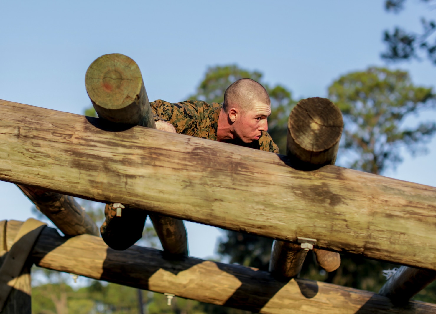 Recruits with Fox Company, 2nd Recruit Training Battalion, negotiate obstacles at the Confidence Course on Marine Corps Recruit Depot Parris Island, S.C. Sept. 17, 2019. The Confidence Course is composed of various obstacles that both physically and mentally challenge recruits. (U.S. Marine Corps photo by Lance Cpl. Dylan Walters)