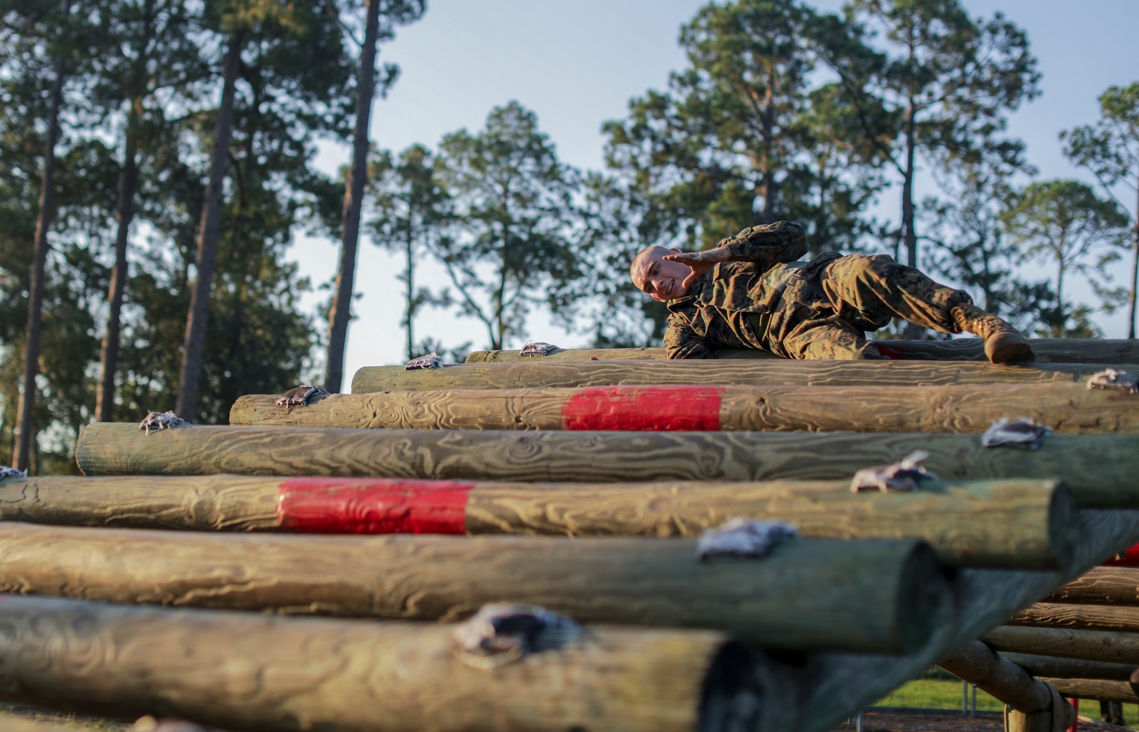 Recruits with Fox Company, 2nd Recruit Training Battalion, negotiate obstacles at the Confidence Course on Marine Corps Recruit Depot Parris Island, S.C. Sept. 17, 2019. The Confidence Course is composed of various obstacles that both physically and mentally challenge recruits. (U.S. Marine Corps photo by Lance Cpl. Dylan Walters)