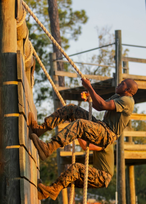 Recruits with Fox Company, 2nd Recruit Training Battalion, negotiate obstacles at the Confidence Course on Marine Corps Recruit Depot Parris Island, S.C. Sept. 17, 2019. The Confidence Course is composed of various obstacles that both physically and mentally challenge recruits. (U.S. Marine Corps photo by Lance Cpl. Dylan Walters)
