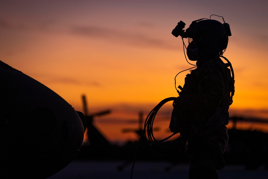 A soldier stands at dusk.