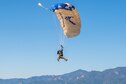 Chief Master Sgt. of the Air Force Kaleth O. Wright glides through the sky while performing a tandem jump July 12, 2019, at the U.S. Air Force Academy, Colo. Wright performed the tandem jump with members of the Wings of Blue during his weeklong visit to the Academy. (U.S. Air Force photo by Trevor Cokley)