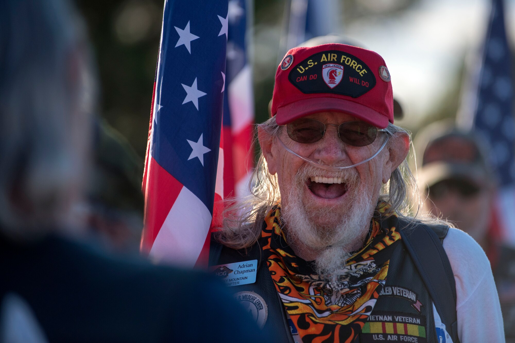 Adrian Chapman, a local Alamogordo veteran from the Patriot Guard Riders, attends the POW/MIA Remembrance Ceremony on Holloman Air Force Base, N.M., Sept. 20, 2019. The Patriot Guard Riders are a motorcycle group whose mission is to attend funeral services of fallen military personnel. (U.S. Air Force photo by Staff Sgt. Christine Groening)