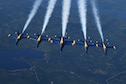 The U.S. Navy Blue Angels depart leaving condensation trails in their place, over Loring Air Force Base, Maine, Aug. 26, 2019. The Blue Angels’ mission is to showcase the pride and professionalism of the Navy and Marine Corps by inspiring a culture of excellence and service to country through flight demonstrations and community outreach. (U.S. Air Force photo by Staff Sgt. Mary McKnight)