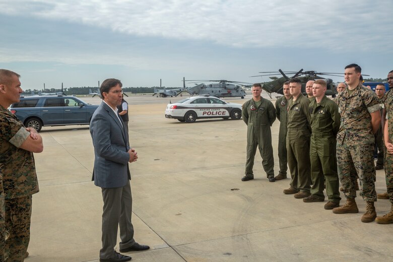 Secretary of Defense Dr. Mark Esper speaks to Marines of 2nd Marine Aicraft Wing at Marine Corps Air Station New River, N.C. Sept 24. 2019. Esper visited major operational commands and toured the base to view residual Hurricane Florence damage. (U.S. Marine Corps photo by Lance Cpl. Nicholas Guevara)