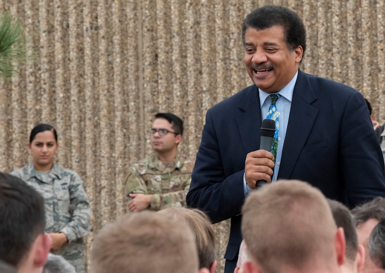 Neil deGrasse Tyson, astrophysicist and author, talks to Airmen at Schriever Air Force Base, Colorado, Sept. 23, 2019. During his chat with Airmen, Tyson talked about role models, the possibility of going to Mars and the importance of the United States space mission. (U.S. Air Force photo by Airman 1st Class Jonathan Whitely)