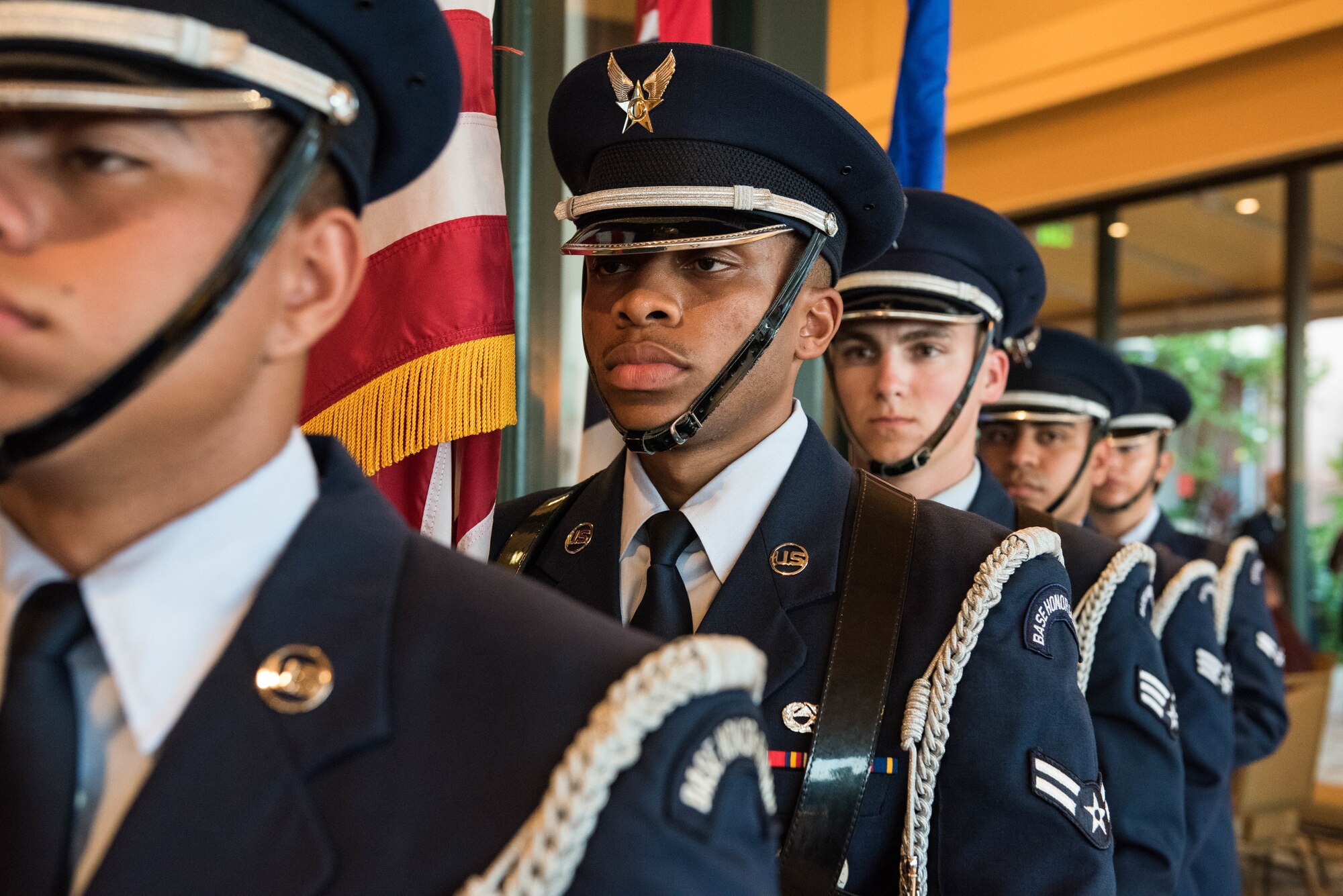 Honor Guard Airmen from Joint Base Pearl Harbor-Hickam, Hawaii prepare to present the colors during the Air Force Ball, Sept. 20, 2019. This year, the United States Air Force celebrated its 72nd birthday and Pacific Air Forces celebrated its 75th anniversary. As part of the birthday and anniversary celebrations, six former PACAF commanders and command chiefs visited Hawaii and were guests of honor. (U.S. Air Force photo by Staff Sgt. Hailey Haux)