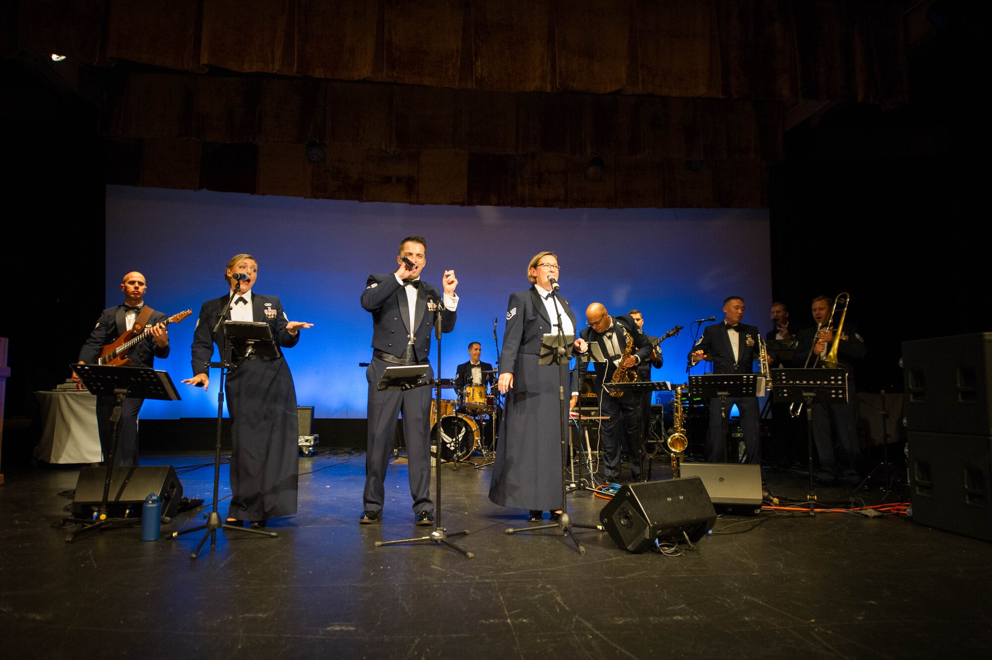 U.S. Air Force Band of the Pacific Airmen perform during the Air Force Ball, Honolulu, Hawaii, Sept. 20, 2019. This year, the United States Air Force celebrated its 72nd birthday and Pacific Air Forces celebrated its 75th anniversary. As part of the birthday and anniversary celebrations, six former PACAF commanders and command chiefs visited Hawaii and were guests of honor. (U.S. Air Force photo by Staff Sgt. Hailey Haux)