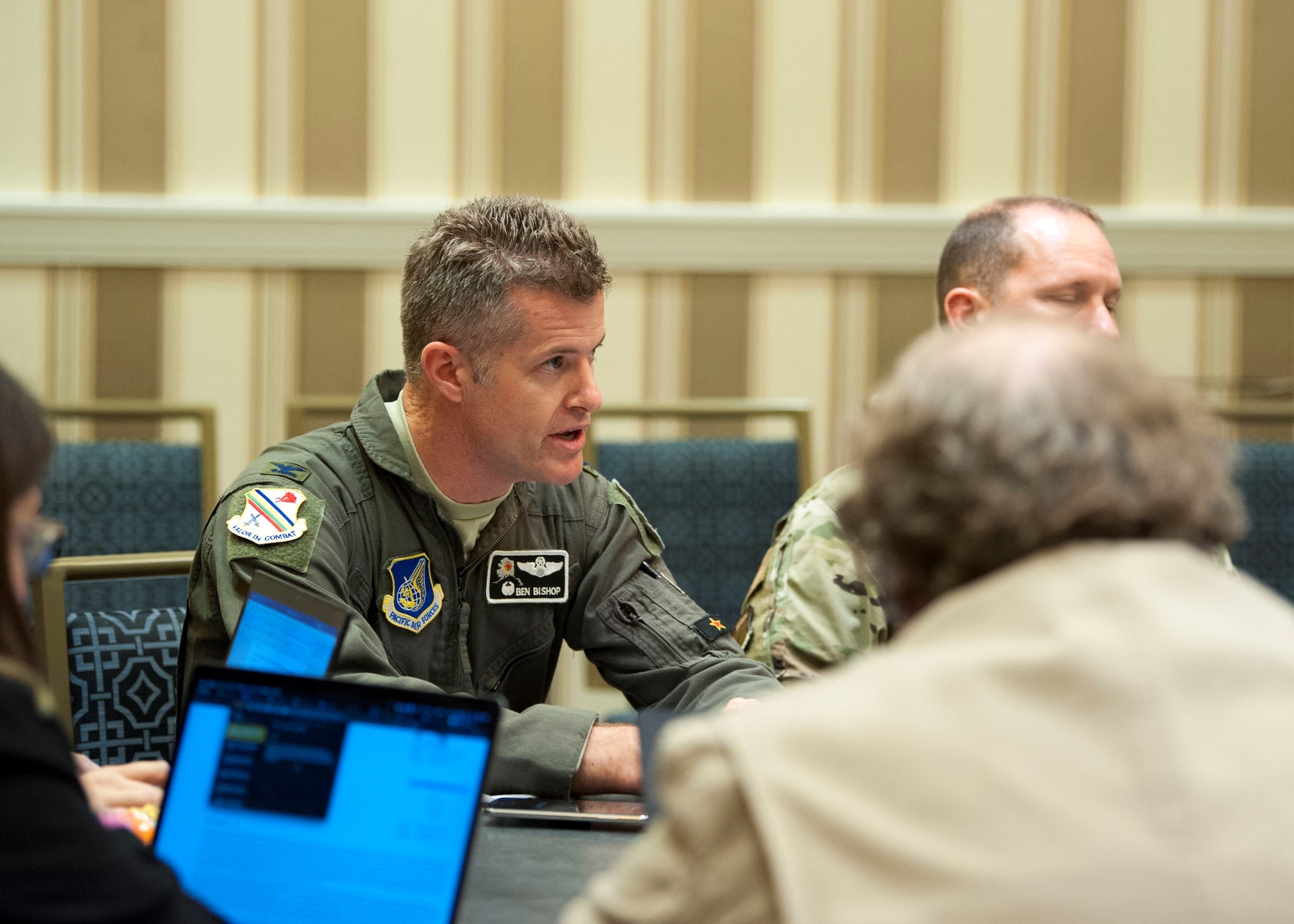 Col. Ben Bishop, 354th Fighter Wing commander at Eielson Air Force Base, Alaska, answers a question during a media roundtable at the Gaylord National Resort and Convention Center in National Harbor, Md., Sept. 17, 2019. Wing commanders from across Pacific Air Forces participated in the roundtable during the 2019 Air Force Association’s Air Space and Cyber Conference. (U.S. Air Force photo by Staff Sgt. Mikaley Kline)