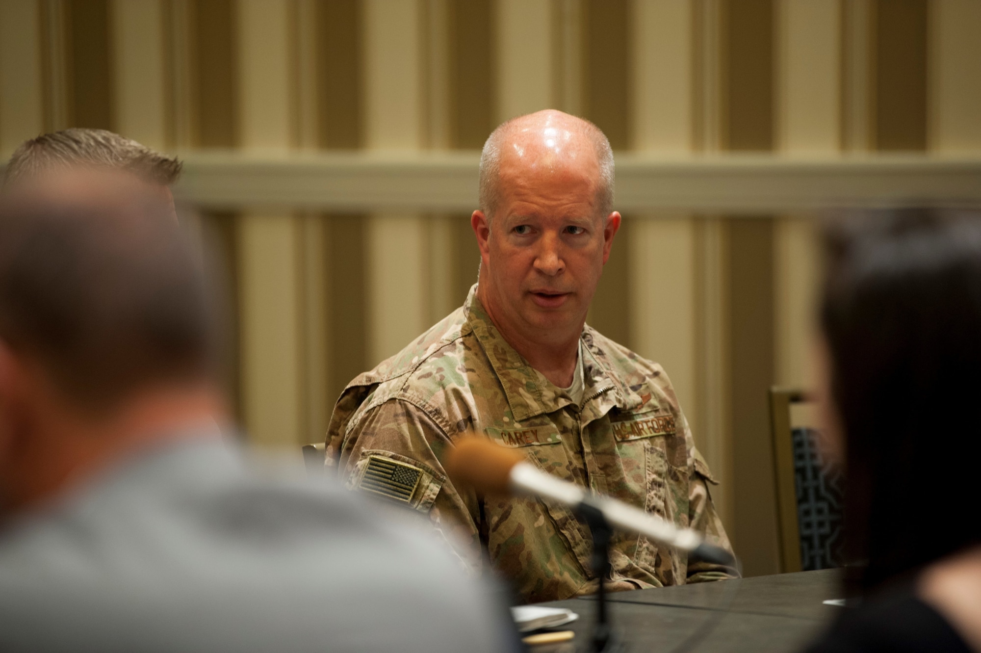 Brig. Gen. Joel Carey, 18th Wing commander at Kadena Air Base, Japan, addresses a question during a media roundtable at the Gaylord National Resort and Convention Center in National Harbor, Md., Sept. 17, 2019. Wing commanders from across Pacific Air Forces participated in the roundtable during the 2019 Air Force Association’s Air Space and Cyber Conference. (U.S. Air Force photo by Staff Sgt. Mikaley Kline)