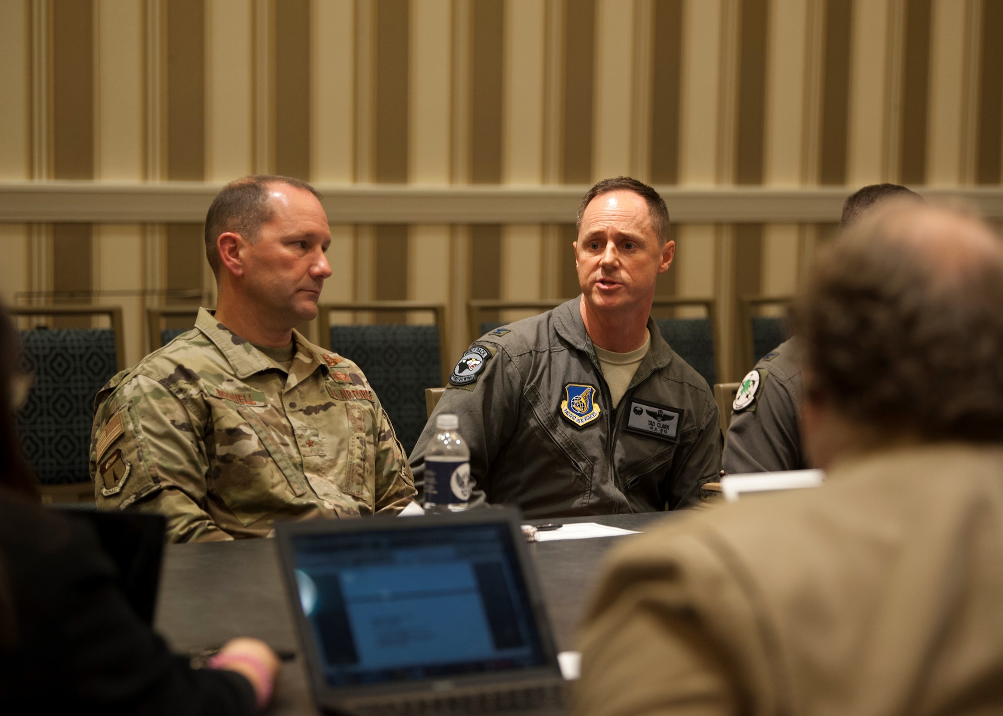 Col. Tad Clark, 8th Fighter Wing commander at Kunsan Air Base, Republic of Korea, addresses a question during a media roundtable at the Gaylord National Resort and Convention Center in National Harbor, Md., Sept. 17, 2019. Wing commanders from across Pacific Air Forces participated in the roundtable during the 2019 Air Force Association’s Air Space and Cyber Conference. (U.S. Air Force photo by Staff Sgt. Mikaley Kline)
