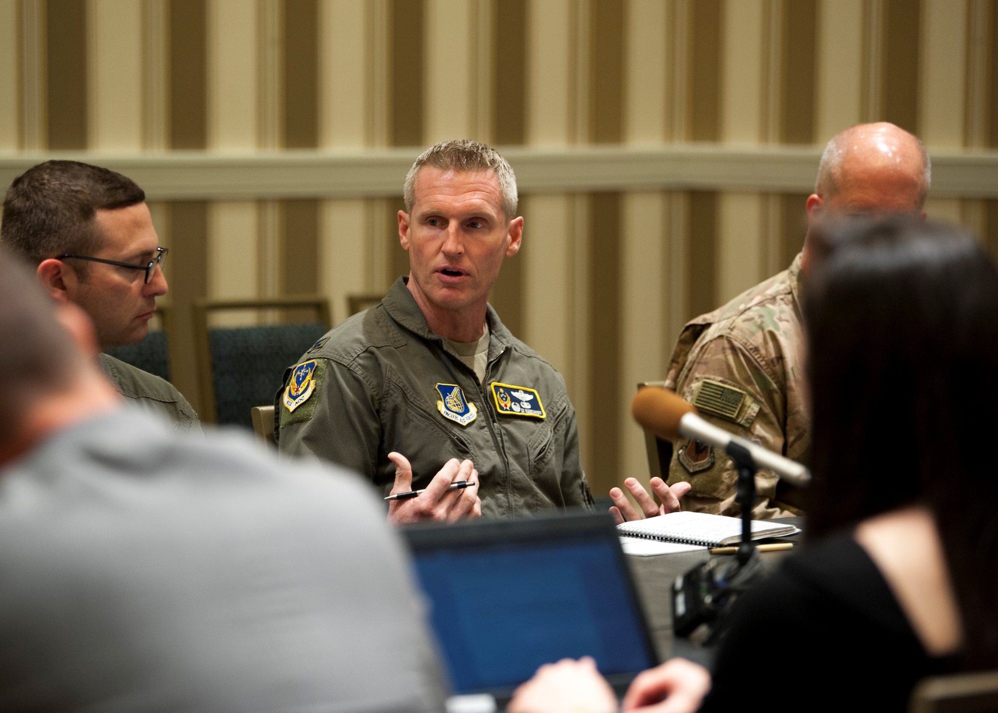 Col. Jason Rueschoff, 613th Air Operations Center commander at Joint Base Pearl Harbor-Hickam, Hawaii, addresses a question during a media roundtable at the Gaylord National Resort and Convention Center in National Harbor, Md., Sept. 17, 2019. Wing commanders from across Pacific Air Forces participated in the roundtable during the 2019 Air Force Association’s Air Space and Cyber Conference. (U.S. Air Force photo by Staff Sgt. Mikaley Kline)