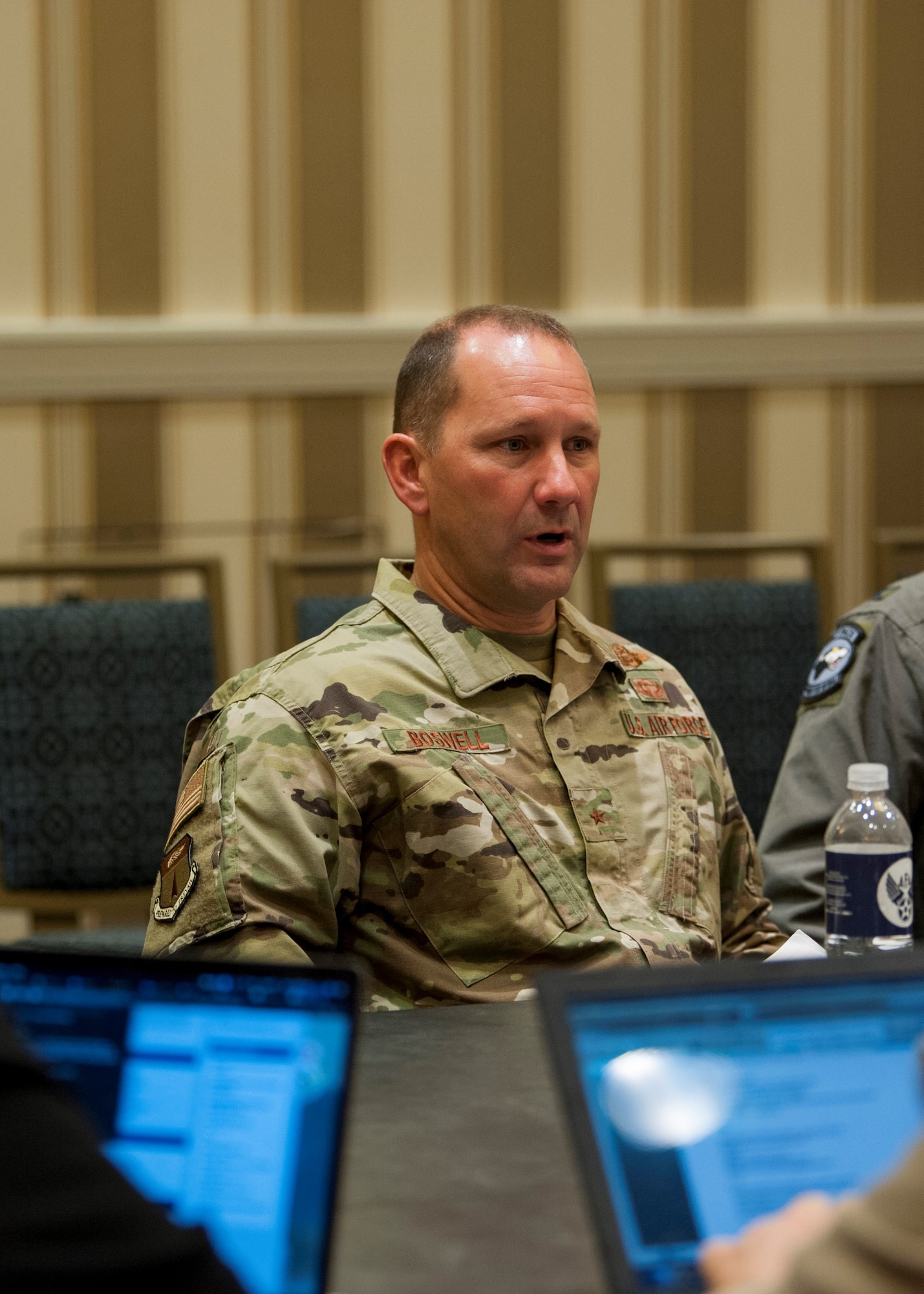 Brig. Gen. Gentry Boswell, 36th Wing commander at Andersen Air Force Base, Guam, addresses a question during a media roundtable at the Gaylord National Resort and Convention Center in National Harbor, Md., Sept. 17, 2019. Wing commanders from across Pacific Air Forces participated in the roundtable during the 2019 Air Force Association’s Air Space and Cyber Conference. (U.S. Air Force photo by Staff Sgt. Mikaley Kline)