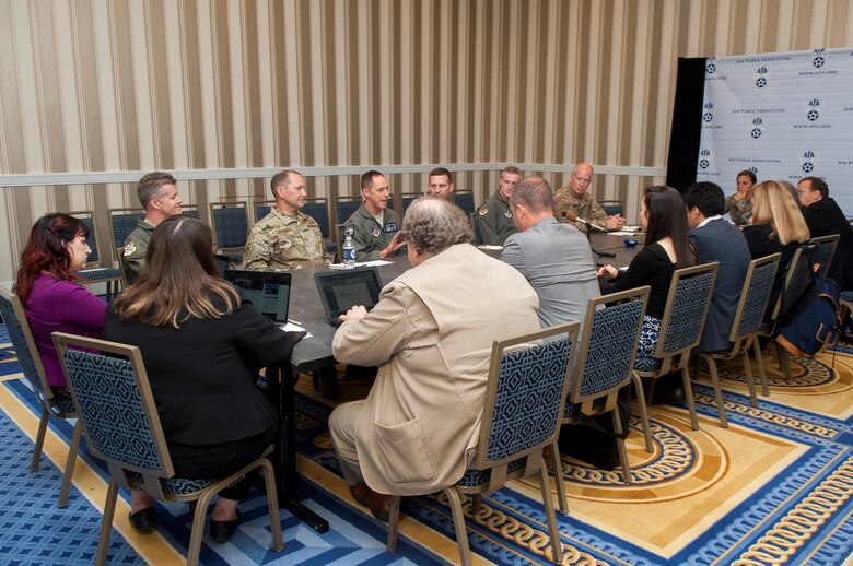 Col. Tad Clark, 8th Fighter Wing commander at Kunsan Air Base, Republic of Korea, addresses a question during a media roundtable at the Gaylord National Resort and Convention Center in National Harbor, Md., Sept. 17, 2019. Wing commanders from across Pacific Air Forces participated in the roundtable during the 2019 Air Force Association’s Air Space and Cyber Conference. (U.S. Air Force photo by Staff Sgt. Mikaley Kline)