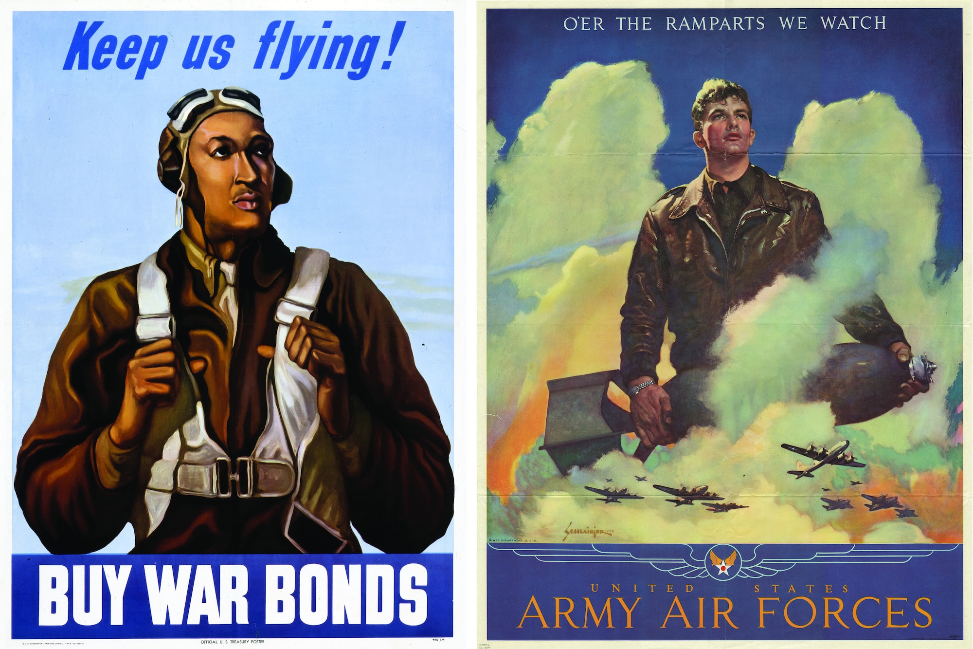 Image of poster that states "Kee us flying! Buy War Bonds". And a poster that states "O'er the Ramparts we watch, United States Army air Forces".