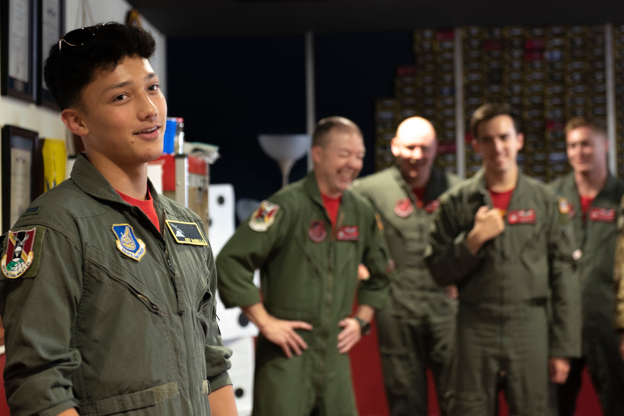 Joey DeGrella, Yokota High School senior and Junior Reserve Officer Training Corps. class commander, thanks all the 36th Airlift Squadron’s personnel involved in the Pilot for a Day, Sept. 20, 2019, at Yokota Air Base, Japan.