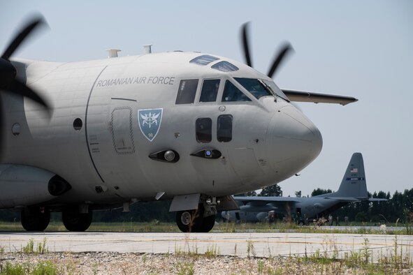 A Romanian air force C-130 taxis down the flightline in support of Carpathian Summer 19.