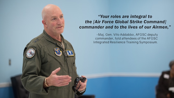 Maj. Gen. Vito E. Addabbo makes remarks during the AFGSC Integrated Resilience Training Symposium at Barksdale Air Force Base, Louisiana, Sept. 18, 2019.