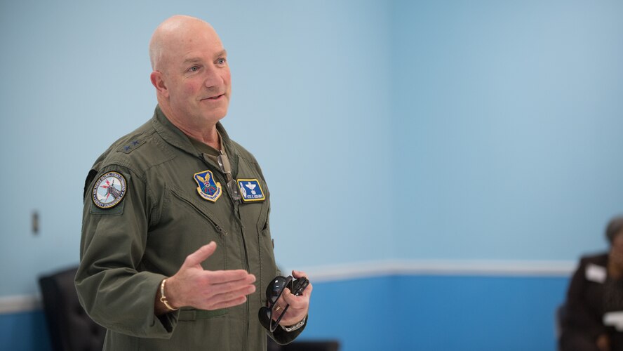 Maj. Gen. Vito Addabbo makes remarks during the AFGSC Integrated Resilience Training Symposium at Barksdale Air Force Base, Louisiana, Sept. 18, 2019.