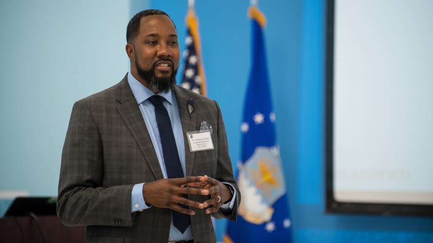 Rashuad Smith makes remarks during the AFGSC Integrated Resilience Training Symposium at Barksdale Air Force Base, Louisiana, Sept. 18, 2019.