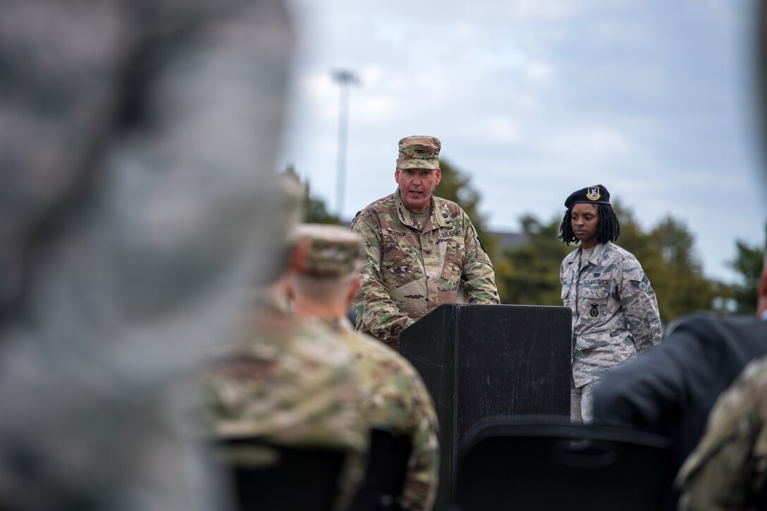 U.S. Army Col. Edward Vedder, 633rd Air Base Wing vice commander hosts the National POW/MIA Recognition Day at Joint Base Langley-Eustis, Virginia, Sept. 19, 2019. National POW/MIA Recognition Day is a multi-service event of great significance to the military, families and the community affected by those who have been prisoners of war and others still missing in action. (U.S. Air Force photo by Senior Airman Anthony Nin Leclerec)