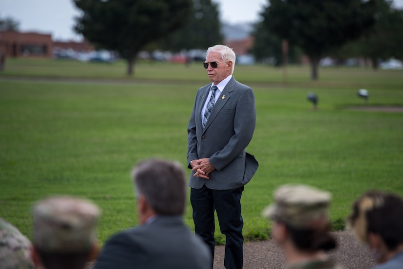 Retired U.S. Air Force Col. Michael Brazelton waits to pass the POW/MIA flag to members of the Air Force Sergeants Association at Joint Base Langley-Eustis, Virginia, Sept. 19, 2019.  Brazelton was a POW during the Vietnam War and spent 2,402 days in captivity.
(U.S. Air Force photo by Senior Airman Anthony Nin Leclerec)