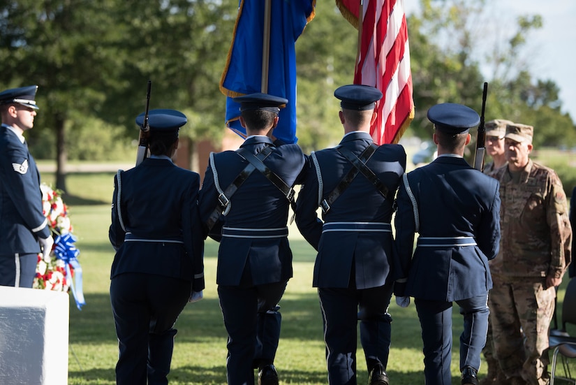 U.S. Air Force Airmen with the Langley Air Force Base Honor Guard carry the Air Force and U.S. flag during the closing ceremony of the POW/MIA event at Joint Base Langley-Eustis, Virginia, Sept. 20, 2019. During the closing ceremony, members gathered at the POW/MIA memorial on JBLE to pay their respects by raising the POW/MIA flag and laying a wreath on the memorial. (U.S. Air Force photo by Airman 1st Class Marcus M. Bullock)