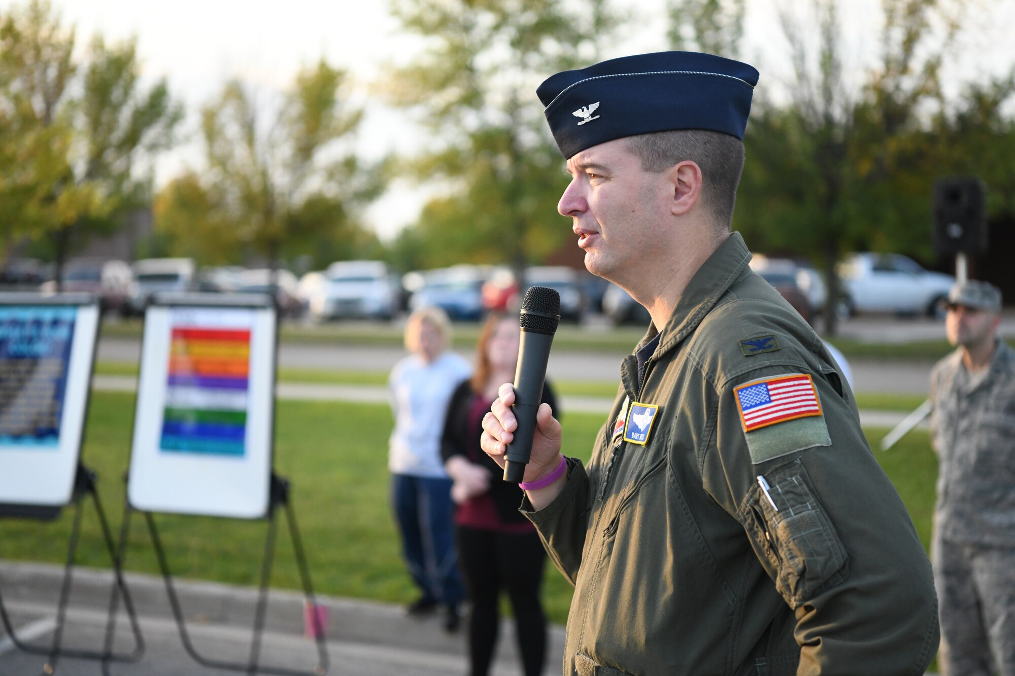 Col. Bart Yates, 319th Reconnaissance Wing vice commander, offers opening remarks prior to a Suicide Awareness 5K Sept. 20, 2019, on Grand Forks Air Force Base, North Dakota. In his remarks, Yates thanked participants for coming out to the 5K to help raise awareness for suicide and mental health. (U.S. Air Force photo by Airman 1st Class Brody Katka)