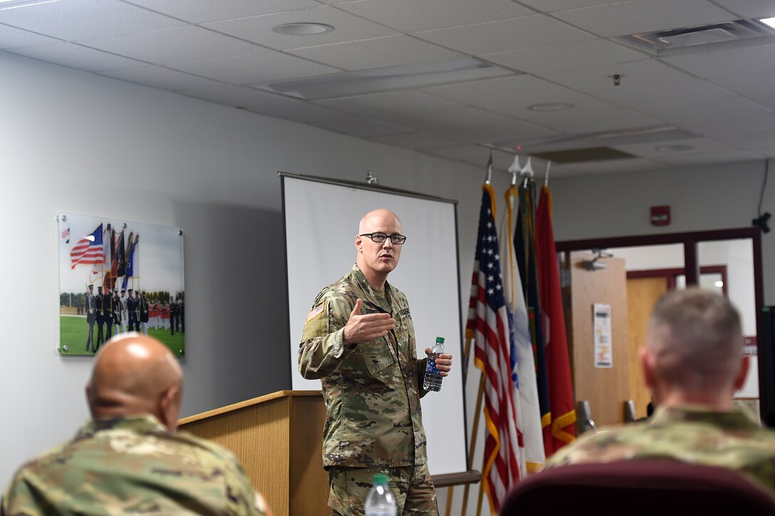 U.S. Army Reserve Capt. Matthew Surridge, Deputy Command Judge Advocate, 85th U.S. Army Reserve Support Command, briefs command teams at the New Command Teams training brief during the 85th USARSC’s headquarter’s battle assembly weekend, September 21-22, 2019.