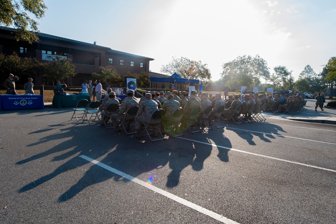 Moody Airmen attend the Violence Prevention Awareness event Sept. 25, 2019, at Moody Air Force Base, Ga. The Violence Prevention Awareness event recognized and informed Airmen about suicide, domestic violence prevention and stalking awareness. (U.S. Air Force photo by Airman Elijah M. Dority)
