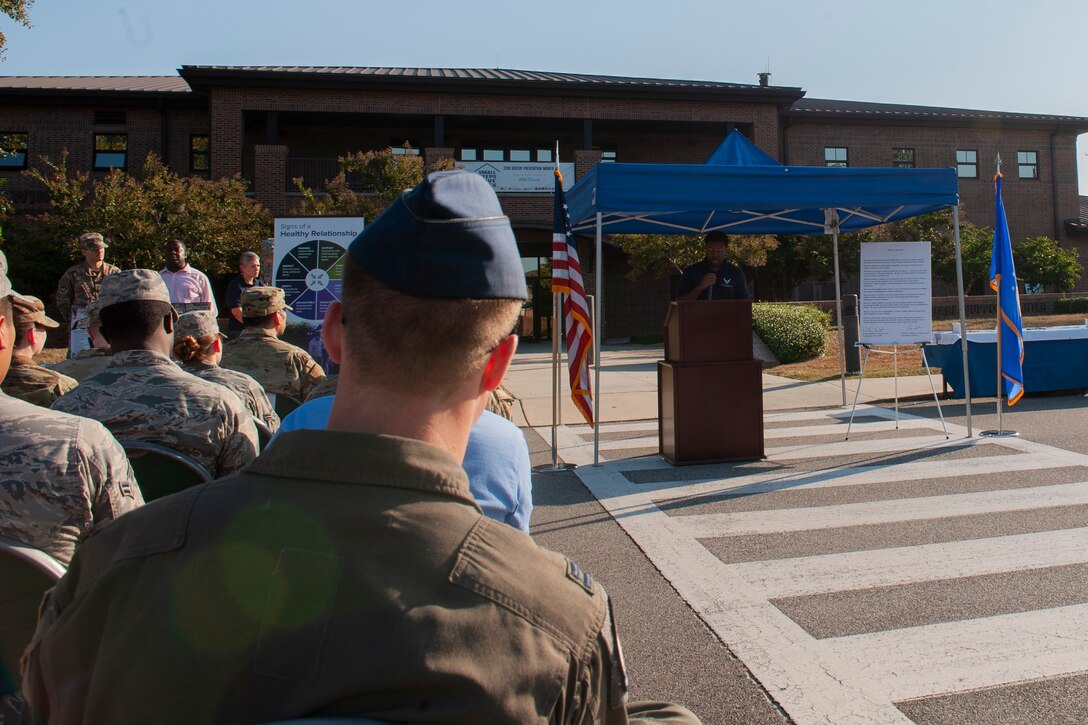 Senior Airman Ladarious Brown, 23d Wing integrated resilience assistant, speaks during the Violence Prevention Awareness event Sept. 25, 2019, at Moody Air Force Base, Ga. The Violence Prevention Awareness event recognized and informed Airmen about suicide, domestic violence prevention and stalking awareness. (U.S. Air Force photo by Airman Elijah M. Dority)