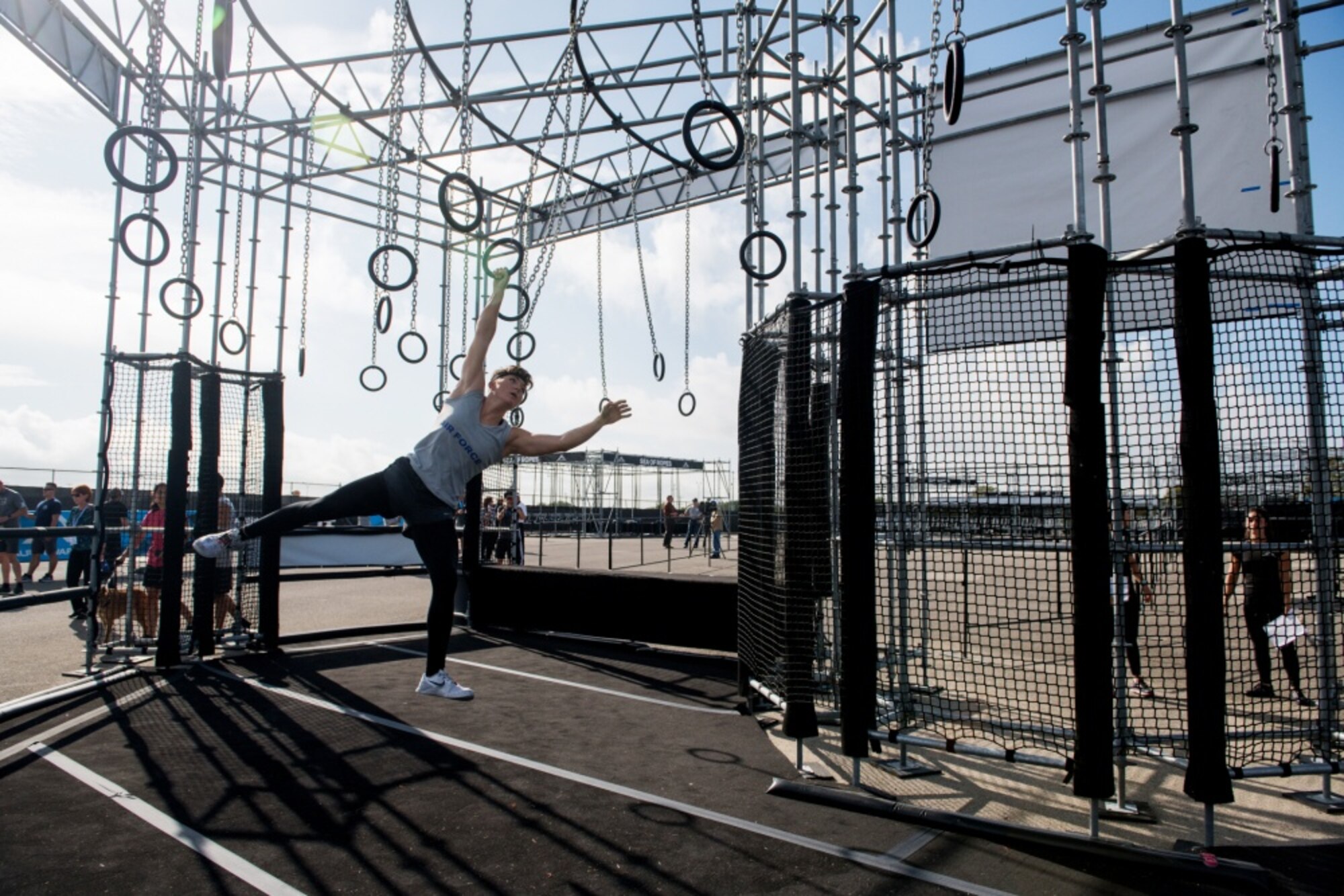 Second Lt. Michelle Strickland, 37th Flying Training Squadron student pilot, maneuvers across a ring obstacle course, Sept .14, 2019, at Retama Park in Selma, Texas. Representing Columbus Air Force Base was Second Lt. Michelle Strickland, 37th Flying Training Squadron student pilot, who placed first female with a time of 25 minutes, 5 seconds, and third place overall in the final battle against the sister services. (Courtesy photo)