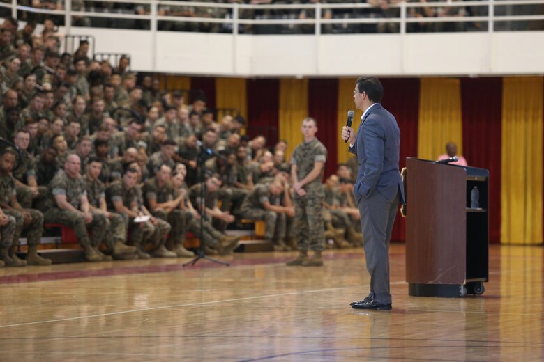 The Honorable Mark T. Esper, Secretary of Defense, addresses service members during a town hall meeting at the Goettge Memorial Field House on Marine Corps Base Camp Lejeune, North Carolina, Sept. 24, 2019. Esper stressed his goals of improving military readiness, strengthening military alliances, taking care of service members and bringing reform in the use of time, money and manpower. (U.S. Marine Corps photo by Lance Cpl. Isaiah Gomez)