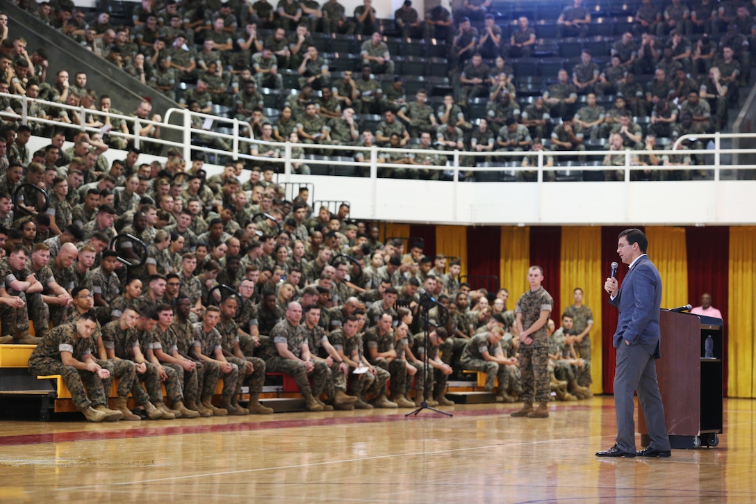 The Honorable Mark T. Esper, Secretary of Defense, addresses service members during a town hall meeting at the Goettge Memorial Field House on Marine Corps Base Camp Lejeune, North Carolina, Sept. 24, 2019. Esper stressed his goals of improving military readiness, strengthening military alliances, taking care of service members and bringing reform in the use of time, money and manpower. (U.S. Marine Corps photo by Lance Cpl. Isaiah Gomez)