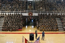 The Honorable Mark T. Esper, Secretary of Defense, addresses service members during a town hall meeting at the Goettge Memorial Field House on Marine Corps Base Camp Lejeune, North Carolina, Sept. 24, 2019. Esper stressed his goals of improving military readiness, strengthening military alliances, taking care of service members and bringing reform in the use of time, money and manpower. (U.S. Marine Corps photo by Lance Cpl. Isaiah Gomez)