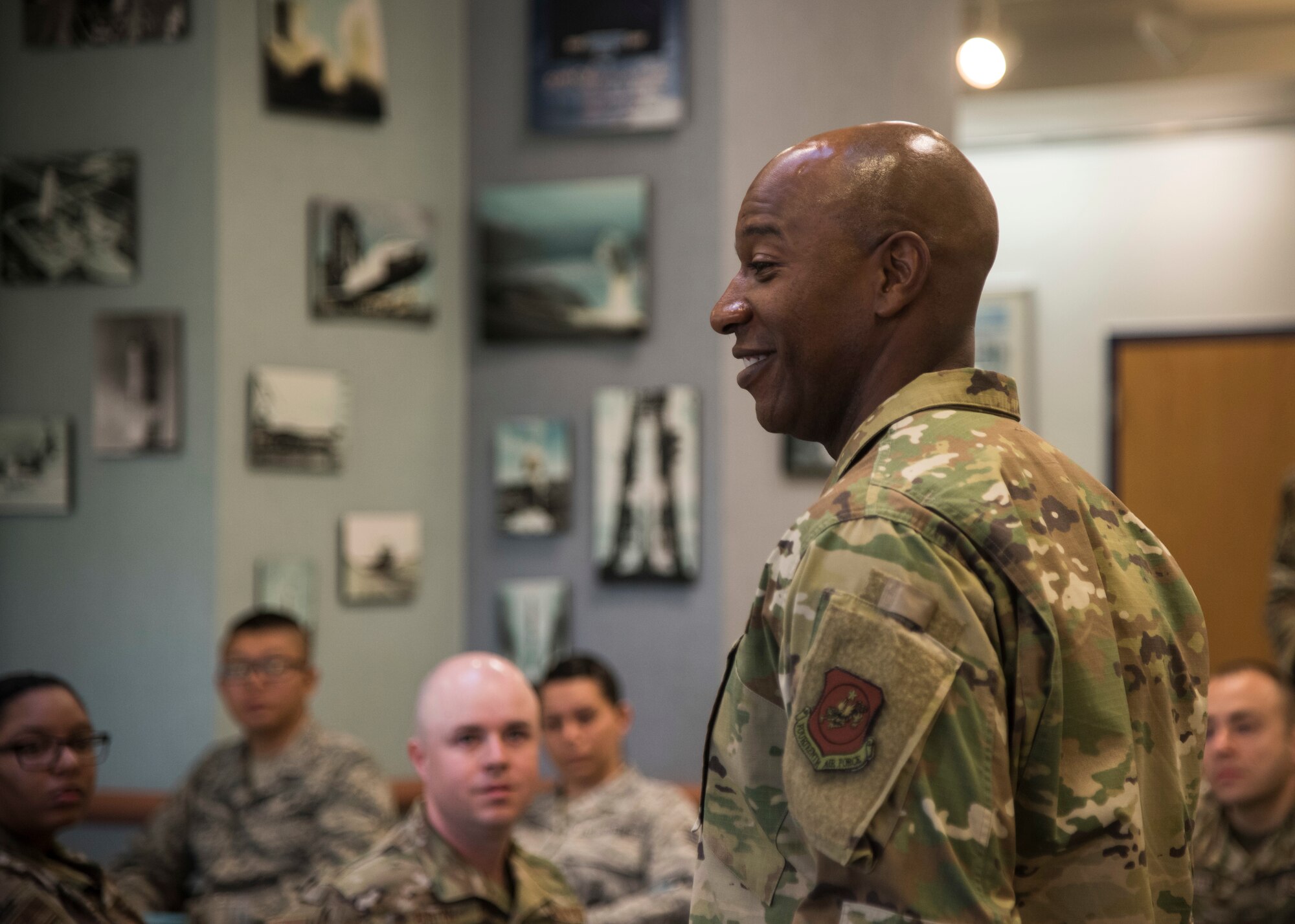 Chief Master Sergeant of the Air Force Kaleth O. Wright interacts with Airmen at Breakers Dining Facility, Sept. 25, 2019 at Vandenberg Air Force Base, Calif. Wright began his visit with a breakfast where he met Airmen to learn their personal stories and their outlooks on the Air Force. (U.S. Air Force photo by Airman 1st Class Aubree Milks