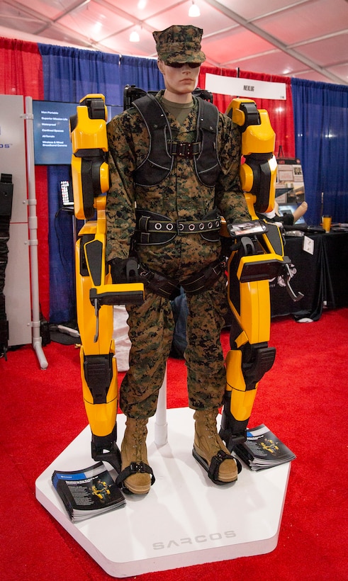 The Guardian XO robot, an exoskeleton suit to help reduce the risk of injuries by improving human strength and endurance, is on display at the 2019 Modern Day Marine Expo on Marine Corps Base Quantico, Va., Sept. 18, 2019. Modern Day Marine is an expo which allows Marines to see the new premier military equipment, systems, services and technology that can be purchased to support the military in the future.