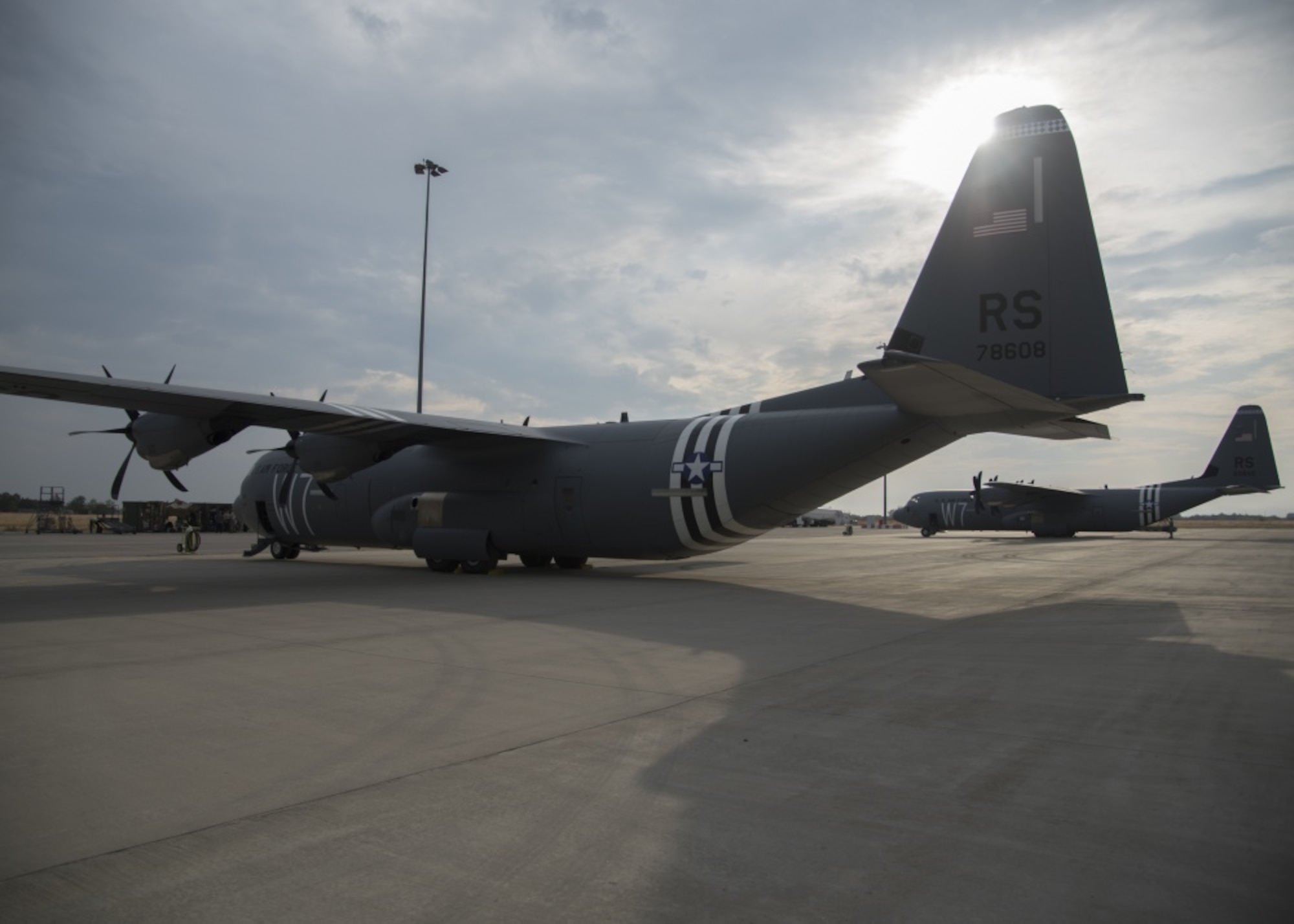 Two U.S. Air Force C-130J Super Hercules aircraft, assigned to the 37th Airlift Squadron, sit on the ramp prior to a flight at Plovdiv Airport in Plovdiv, Bulgaria, Sept. 24, 2019. Airmen and aircraft from the 37th AS arrived in Bulgaria on Sept. 23, to kick off exercise Thracian Fall 2019. (U.S. Air Force photo by Staff Sgt. Kirsten Brandes)