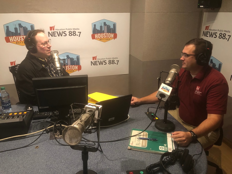 HOUSTON (September 25, 2019)- Andrew Weber, project manager at USACE Galveston District sits with Craig Cohen, executive producer at Houston Public Media, to discuss Addicks and Barker Dam Modification Project and Buffalo Bayou Tributaries and Resiliency Study updates on the Houston Matters live radio segment.