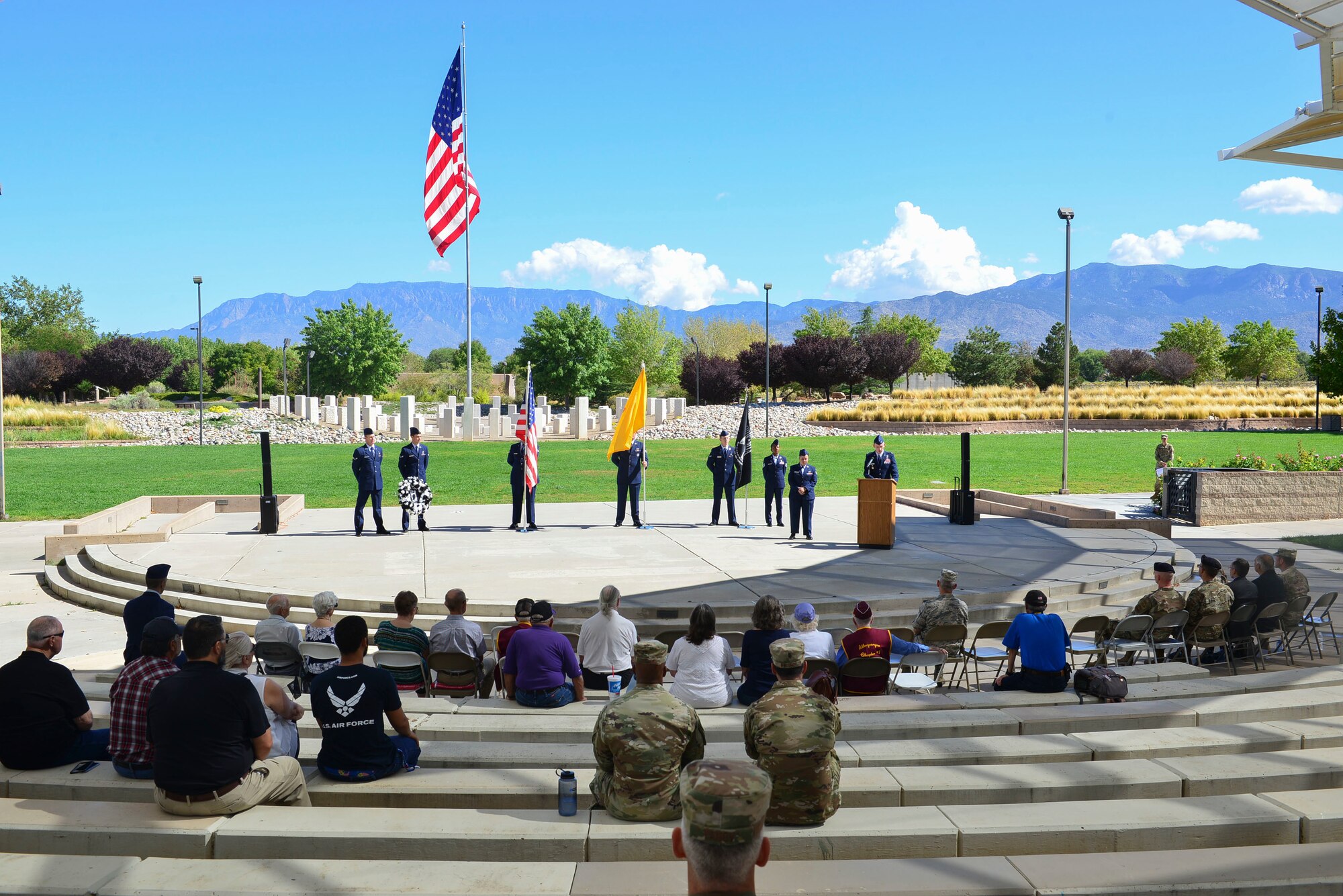 Members of the crowd listen to Maj. Gen. (Ret.) Melvyn Montano the POW/MIA ceremony distinguished guest speaker in Albuquerque, N.M., Sept. 20, 2019. Montano spoke about memory he recalled during his time serving. (U.S. Air Force photo by Senior Airman Enrique Barceló)