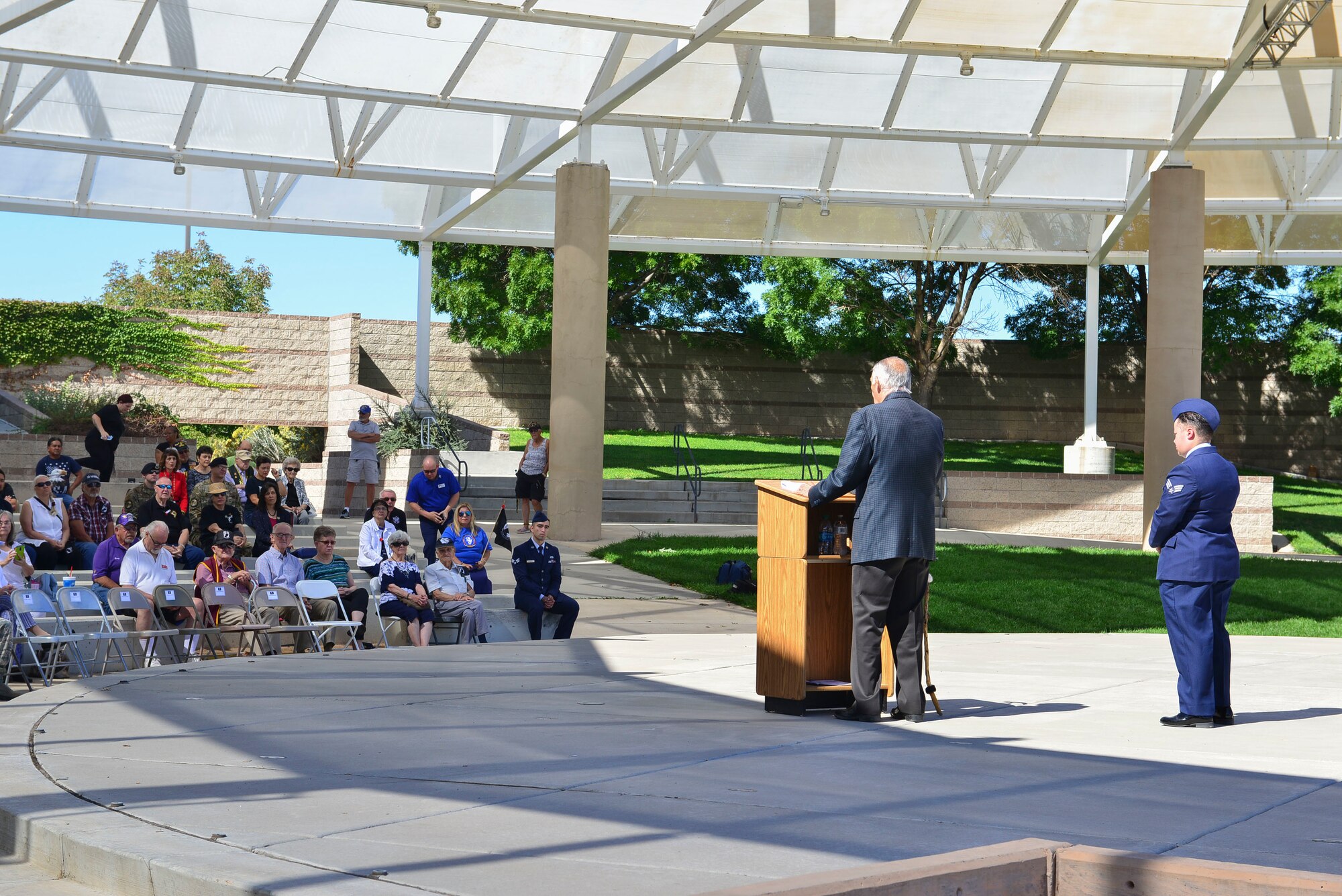 Maj. Gen. (Ret.) Melvyn Montano, guest speaker tells the crowd a story during the POW/MIA ceremony in Albuquerque, N.M., Sept. 20, 2019. Montano spoke about memory he recalled during his time serving. (U.S. Air Force photo by Senior Airman Enrique Barceló)