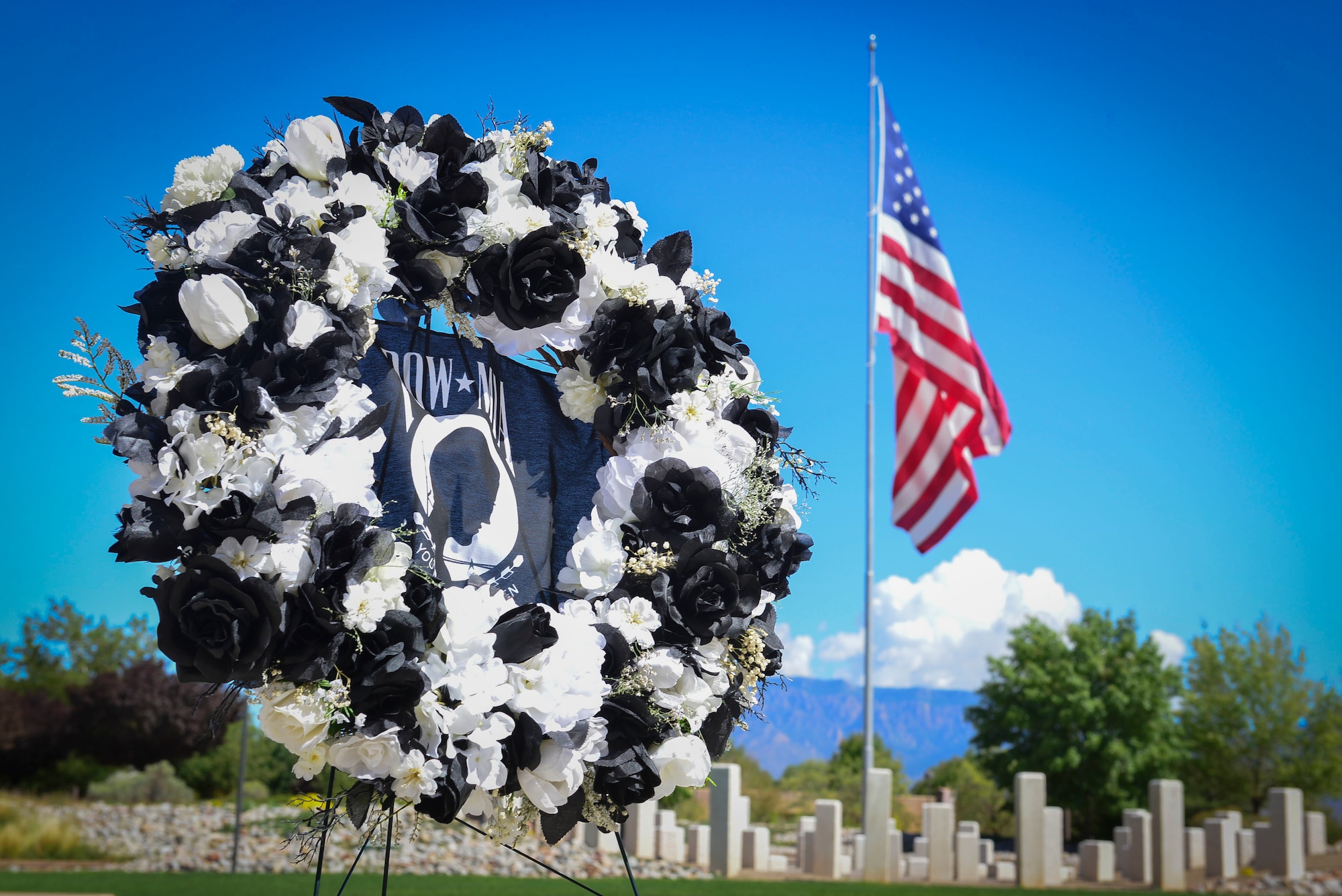 A POW/MIA wreath sits on display during the POW/MIA ceremony in Albuquerque, N.M., Sept. 20, 2019. During the ceremony Maj. Gen. (Ret.) Melvyn Montano, was the guest speaker, and he shared a story of his time serving. (U.S. Air Force photo by Senior Airman Enrique Barceló)