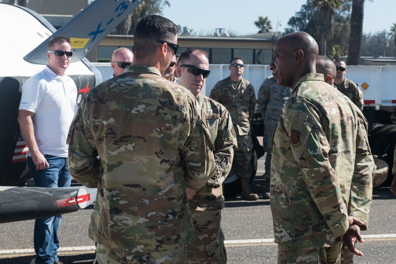 Chief Master Sergeant of the Air Force Kaleth O. Wright speaks with Airmen from the 30th Operations Group Sept. 25, 2019, at Vandenberg Air Force Base, Calif. Wright visited Vandenberg AFB to meet with Airmen who actively support spacelift and launch operations on the Western Range. (U.S. Air Force photo by Michael Peterson)