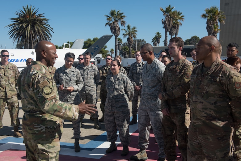 Chief Master Sergeant of the Air Force Kaleth O. Wright speaks with Airmen from the 30th Operations Group Sept. 25, 2019, at Vandenberg Air Force Base, Calif. Wright visited Vandenberg AFB to meet with Airmen who actively support spacelift and launch operations on the Western Range. (U.S. Air Force photo by Michael Peterson)