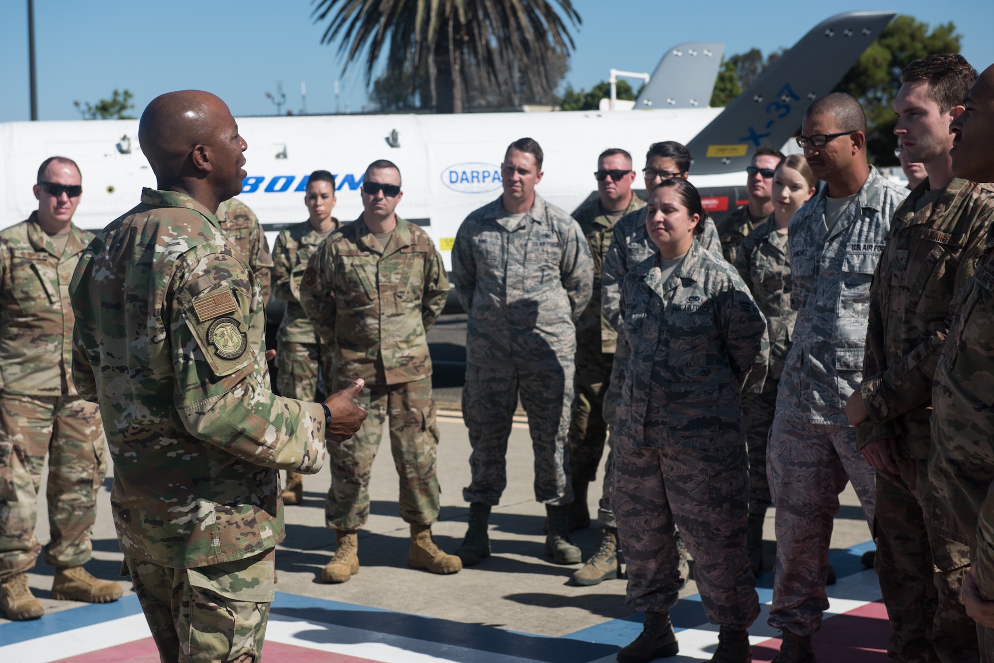 Chief Master Sergeant of the Air Force Kaleth O. Wright speaks with Airmen from the 30th Operations Group Sept. 25, 2019, at Vandenberg Air Force Base, Calif. Wright visited Vandenberg AFB to meet with Airmen who actively support spacelift and launch operations on the Western Range. (U.S. Air Force photo by Michael Peterson)