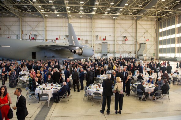 More than 200 Air Force Test Pilot School alumni, their families and friends attend the TPS 75th Anniversary dinner at Edwards Air Force Base, California, Sept. 21. (U.S. Air Force photo by Jenna Romo)