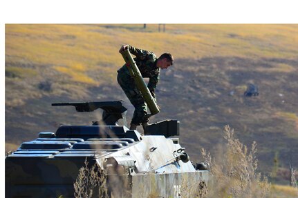 Moldovan Artillery crews prepare to fire a wire-guided anti-tank rocket during Operation Fire Shield 2019 hosted by Moldova, Sept. 12, 20-19, at Bulboaca Training Area, Moldova. Fire Shield’s mission is sharing knowledge and best practices among the North Carolina and Alabama National Guard artillery experts, Moldovan soldiers and officers and other nations attending the annual event. The NCNG has teamed with Moldova for more than two decades via the State Partnership Program designed to increase peace and stability across Europe.