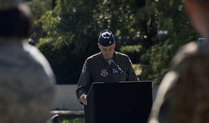 U.S. Air Force Lt. Col. Alexander Winn, 20th Operations Support Squadron commander, speaks at a prisoner of war/missing in action (POW/MIA) rememberance at Shaw Air Force Base, South Carolina, Sept. 19, 2019.